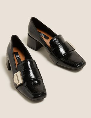 M&S Womens Leather Patent Buckle Block Heel Loafers