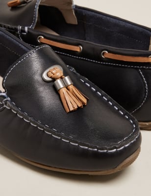 M&S Womens Leather Tassel Boat Shoes - 7.5 - Navy, Navy,Metallic,Tan,White