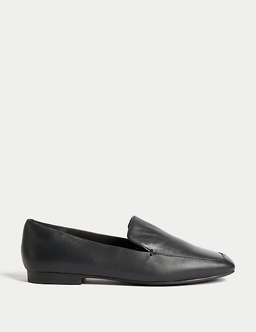 Marks And Spencer Womens M&S Collection Wide Fit Leather Square Toe Flat Loafers - Black, Black