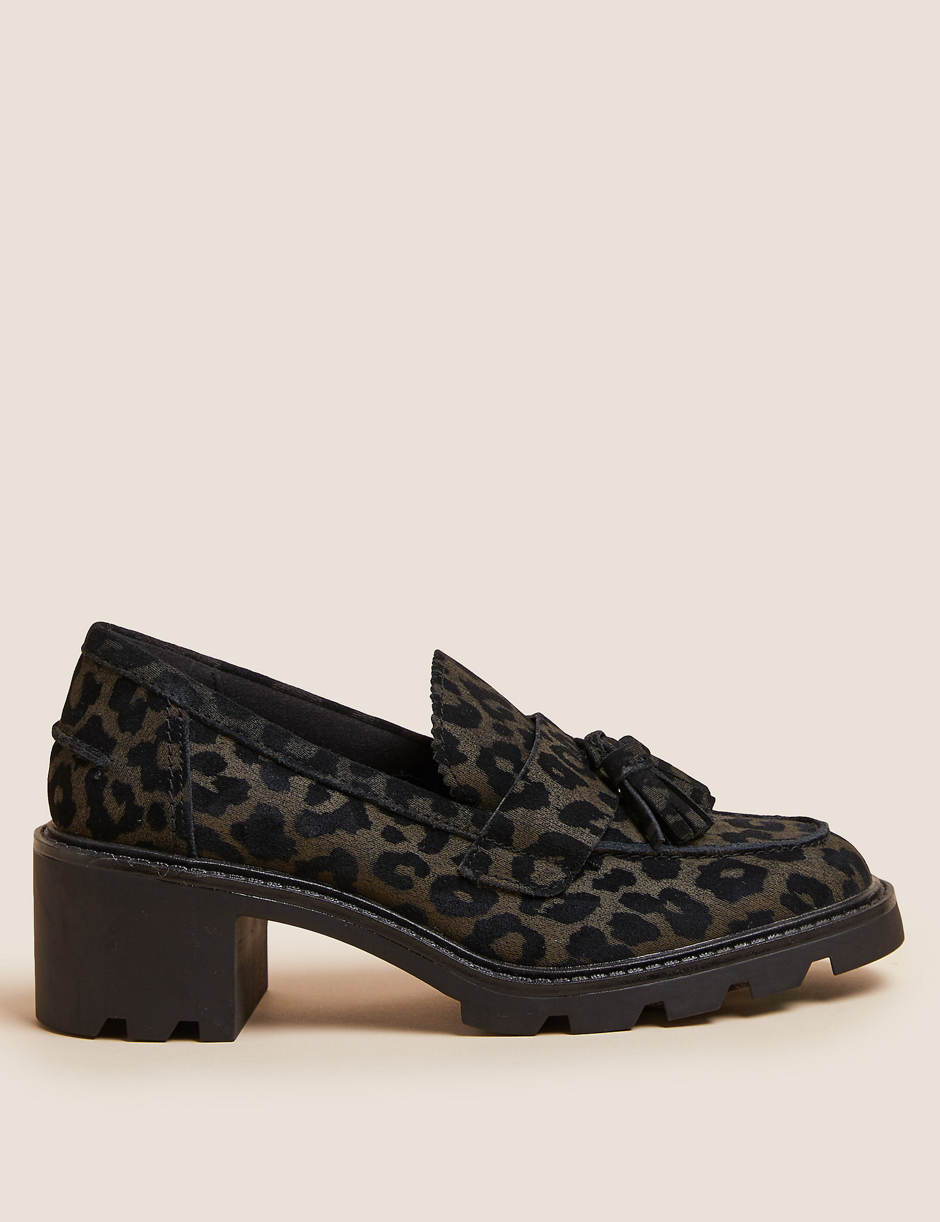 Suede Leopard Print Block Heel Loafers