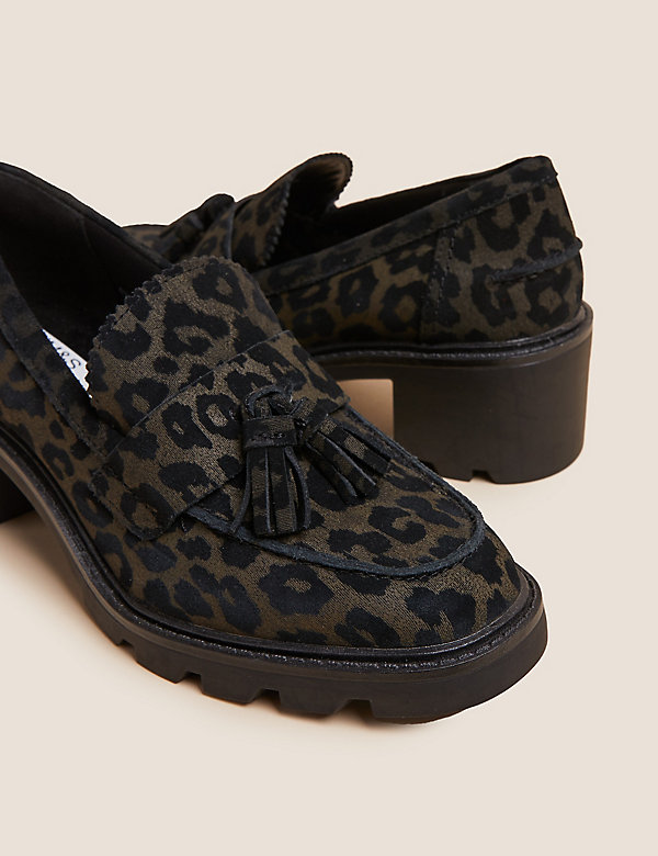 Suede Leopard Print Block Heel Loafers