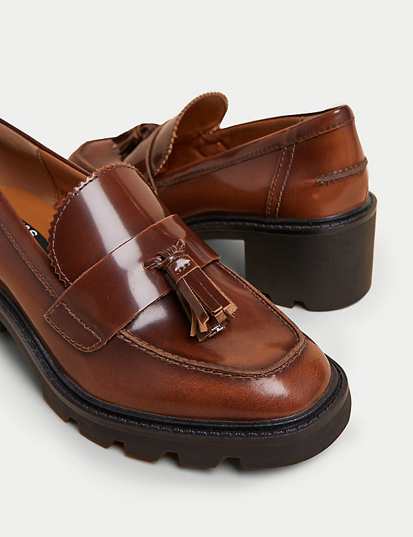 Leather Tassel Block Heel Loafers - NO