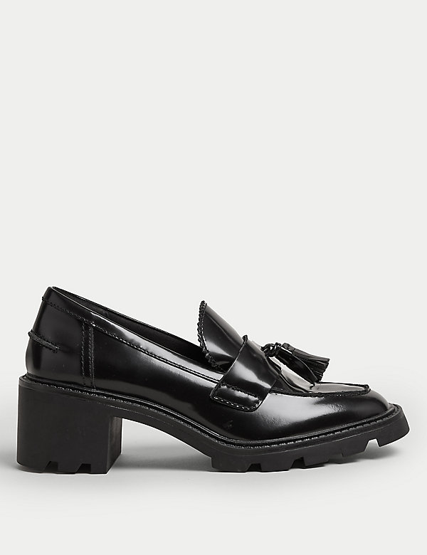 Leather Tassel Block Heel Loafers - SA