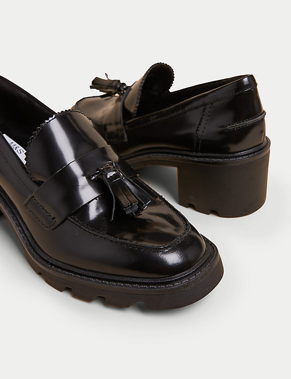Leather Tassel Block Heel Loafers - HR