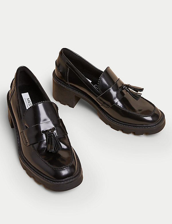 Leather Tassel Block Heel Loafers - AR