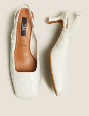 M&S Womens Leather Quilted Square Toe Slingback Shoes - 3 - Stone, Stone,Black