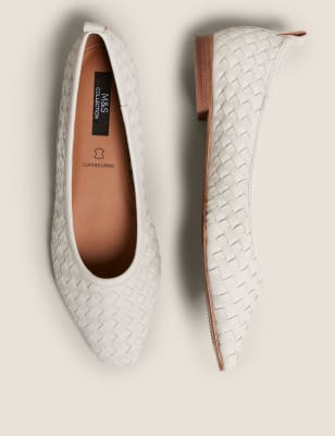 M&S Womens Leather Flat Ballet Pumps - 6.5 - Stone, Stone,Metallic