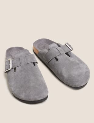 M&S Womens Suede Buckle Slip On Flat Mules - 5.5 - Grey, Grey,Tan