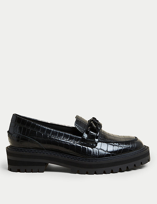 Leather Croc Block Heel Square Toe Loafers