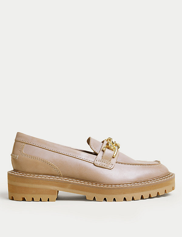 Leather Chain Detail Block Heel Loafers - PT