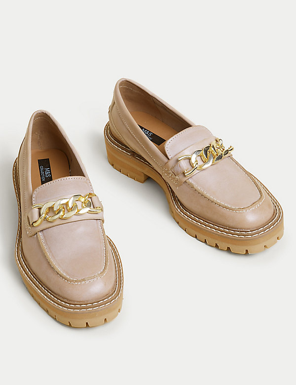Leather Chain Detail Block Heel Loafers - NZ