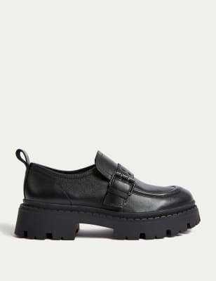 Leather Chunky Buckle Flatform Loafers - CA