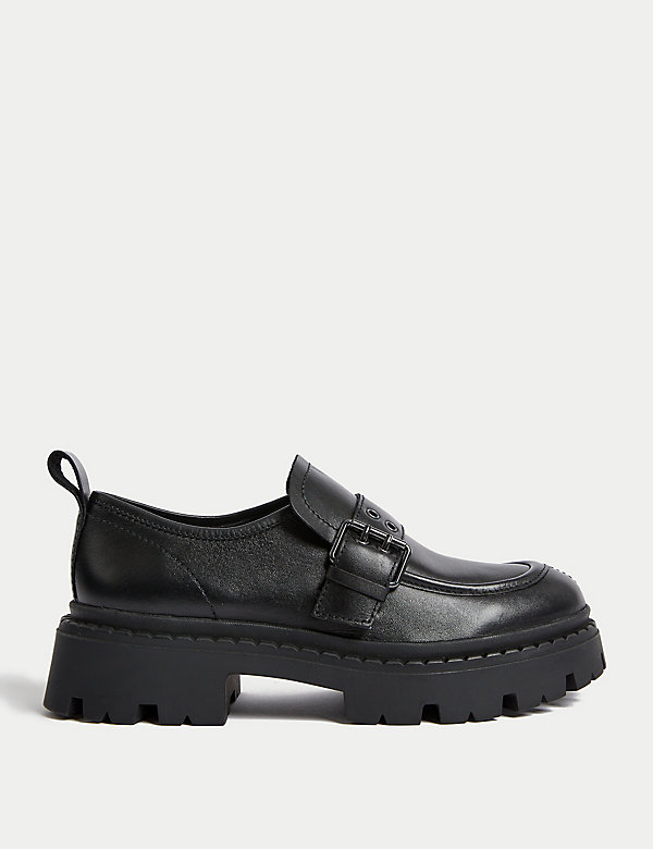 Leather Chunky Buckle Flatform Loafers - SK
