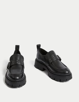 Leather Chunky Buckle Flatform Loafers