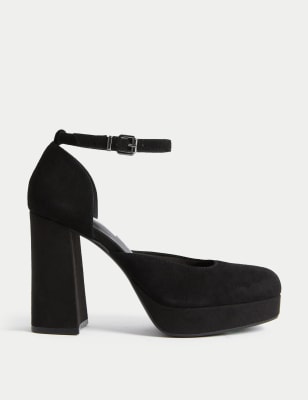 Suede Ankle Strap Platform Square Toe Heels - CA