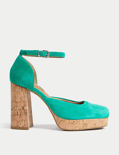 M&S Collection Suede Ankle Strap Platform Court Shoes - 4 - Medium Green, Medium Green