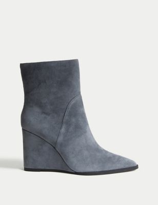 Suede Wedge Pointed Ankle Boots