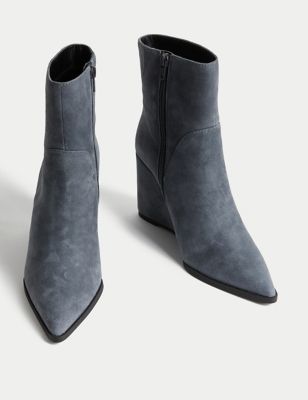 Suede Wedge Pointed Ankle Boots