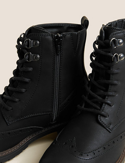 Lace Up Brogue Detail Flat Ankle Boots