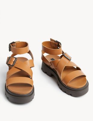 Wide Fit Leather Buckle Ankle Strap Sandals