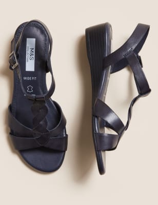 

Womens M&S Collection Wide Fit Leather Ankle Strap Wedge Sandals - Navy, Navy