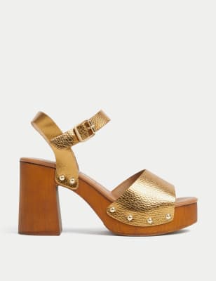 Leather Studded Buckle Platform Clogs