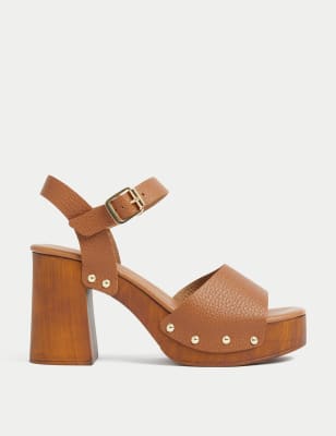 

Womens M&S Collection Leather Studded Buckle Platform Clogs - Tan, Tan