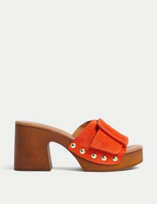 Suede Studded Buckle Clogs
