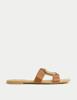 

M&S Collection Zapatillas de tira planas de piel con detalle de anillaWomens - Tan, Tan