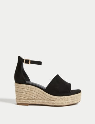 M&S Womens Wide Fit Ankle Strap Wedge Espadrilles - 4 - Black, Black,Terracotta