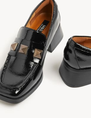 

Womens M&S Collection Wide Fit Leather Patent Block Heel Loafers - Black, Black