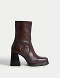 Leather Platform Square Toe Ankle Boots