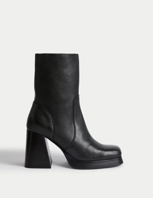 Leather Platform Square Toe Ankle Boots
