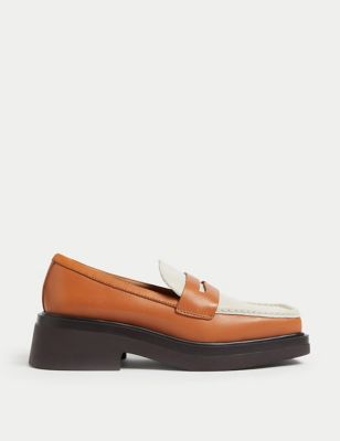 Leather Block Heel Square Toe Loafers - NL
