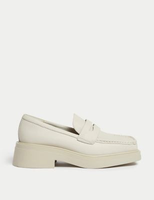 Leather Block Heel Square Toe Loafers | M&S AU