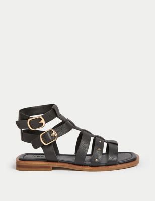 M&S Womens Wide Fit Leather Studded Gladiator Sandals - 5.5 - Black, Black,Platinum