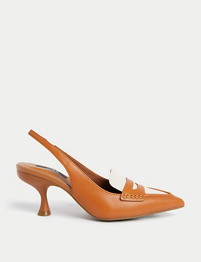 Leather Kitten Heel Pointed Slingback Shoes