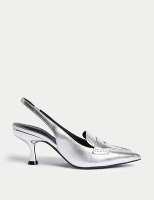 

Womens M&S Collection Leather Kitten Heel Pointed Slingback Shoes - Silver, Silver