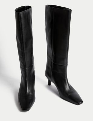 Leather Kitten Heel Knee High Boots