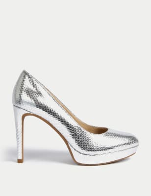 

M&S Collection Zapatos de salón con tacón de aguja y plataforma y diseño de serpienteWomens - Silver, Silver