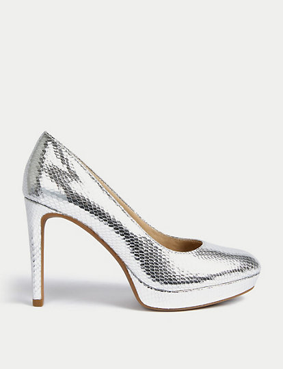 m&s collection croc platform stiletto heel court shoes - 5 - silver, silver