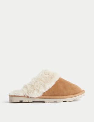 Suede Faux Fur Lined Mule Slippers - LU