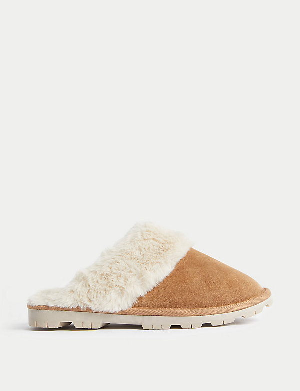 Suede Faux Fur Lined Mule Slippers - HR