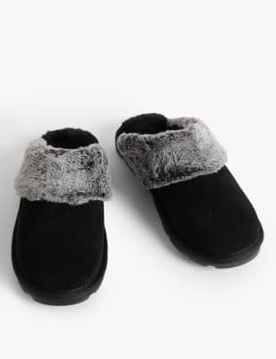 Suede Faux Fur Lined Mule Slippers