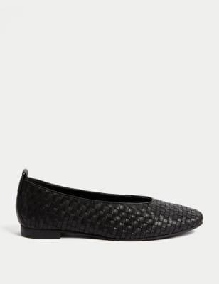 Leather Woven Flat Ballet Pumps - LU