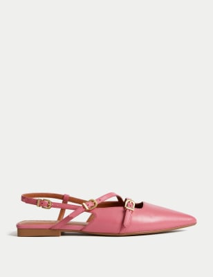 Leather Patent Buckle Flat Slingback Shoes