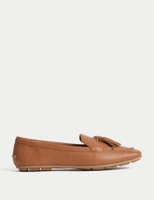 M&S Women's Wide Fit Leather Tassel Flat Boat Shoes - 3 - Tan, Tan,Ivory