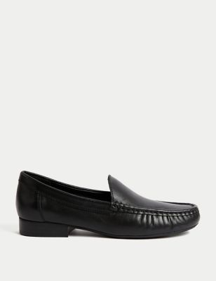 M&S Womens Leather Slip On Flat Loafers - 3 - Black, Black,White,Silver