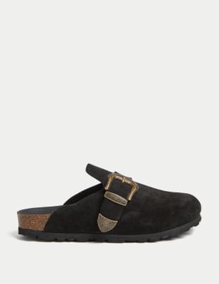 Suede Buckle Slip On Flat Clogs - BE