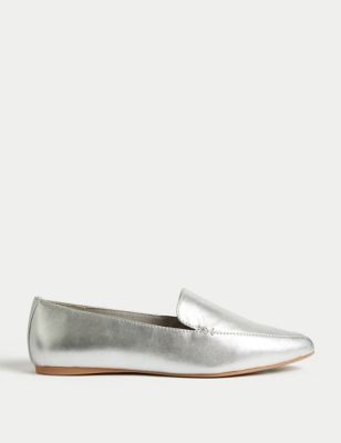 M&S Women's Wide Fit Leather Pointed Ballet Pumps - 3.5 - Silver, Silver